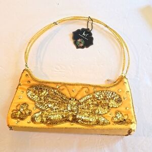 Jns Vintage Gold Satin Sequin Butterfly bag Zipper Handle retro 50's